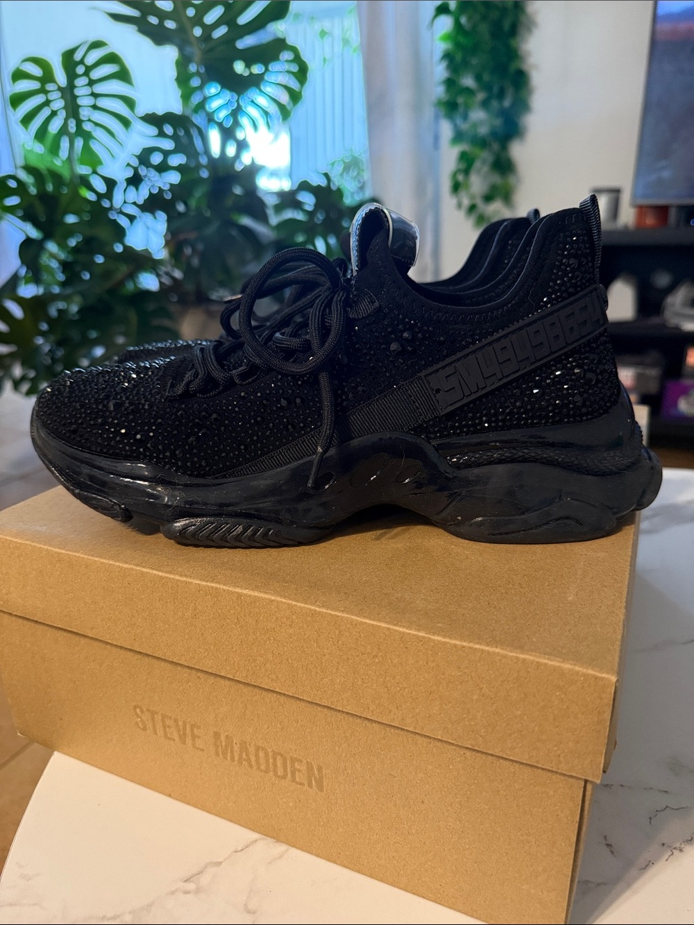 Steve Madden Black Crystal-Embellished Chunky Sneaker